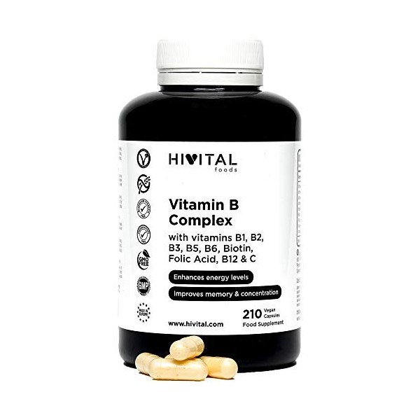 Vitamine B Complex. 210 gélules vegan pour 7 mois. Complexe de Vitamines B avec B1, B2, B3, B5, B6, B12, Biotine et Acide Fol