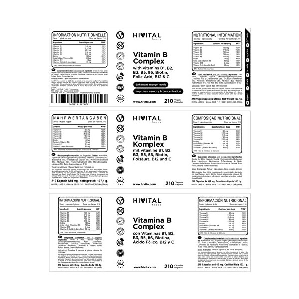 Vitamine B Complex. 210 gélules vegan pour 7 mois. Complexe de Vitamines B avec B1, B2, B3, B5, B6, B12, Biotine et Acide Fol