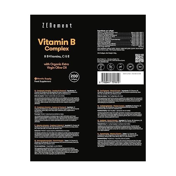 Complexe de Vitamines B, Avec les 8 vitamines B + vitamines C et E, 200 Capsules | avec de lHuile dOlive Vierge Extra Biolo