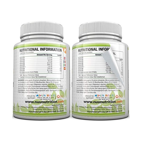 Vitamine B Complex 180 Comprimés Végétaliens 8 Vitamines par Comprimé Vitamines B1/B2/B3/B5/B6/B12/D-biotine/acide folique 6 