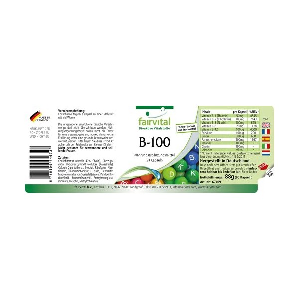 Fairvital | B-100 - Complexe de Vitamine B Fort - toutes les vitamines B B1, B2, B3, B5, B6, B7, B9, B12 & 400ug dacide fo
