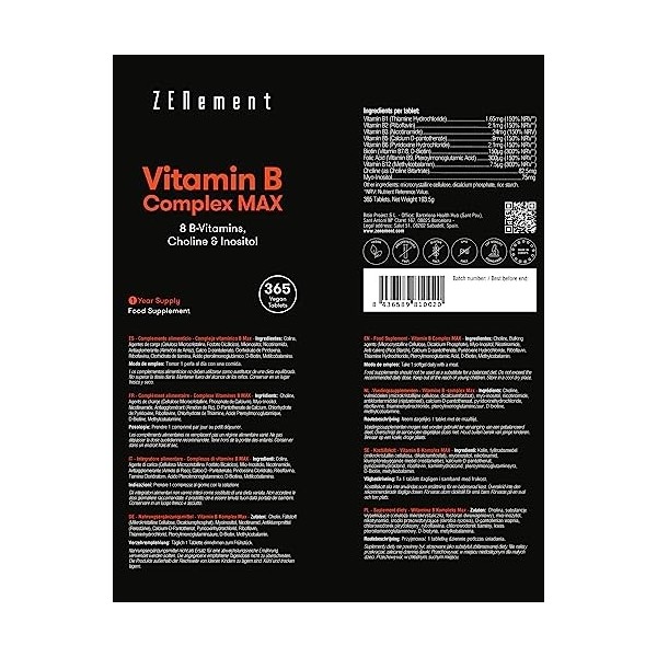 Complexe Vitamines B MAX, 365 Comprimés | 8 Vitamines B + Choline & Inositol | Aide à Réduire la Fatigue et Contribue au Bon 