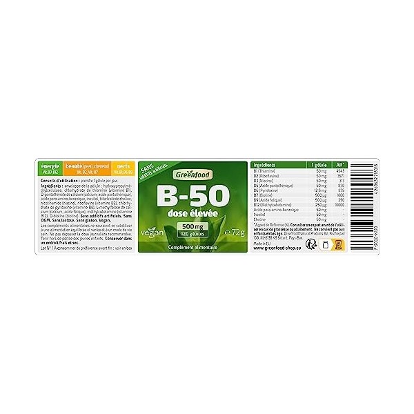 Greenfood B -Complex 50, dose élevée, gélules - toutes les vitamines du groupe B. SANS additifs artificiels. Sans OGM. Vegan.
