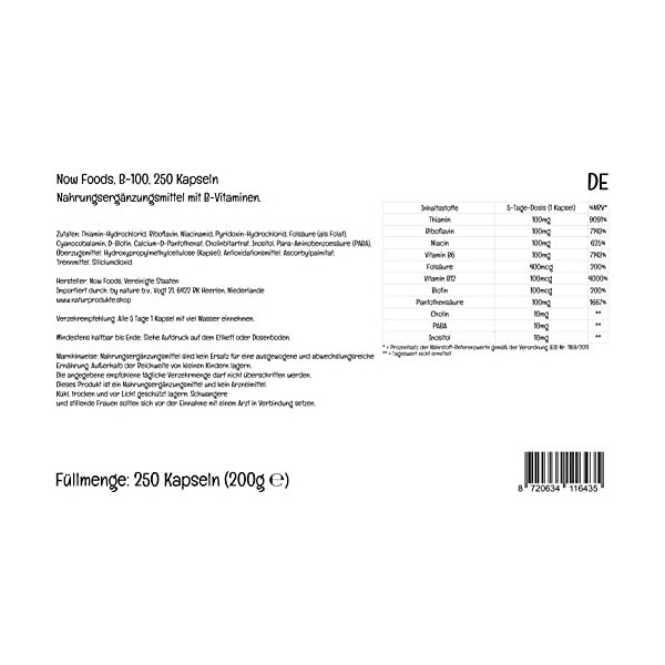 Now Foods, B-100, Vitamine B-Complex, Hautement Dosé, avec PABA, 250 Capsules végétaliennes, Testé en Laboratoire, Sans Glute
