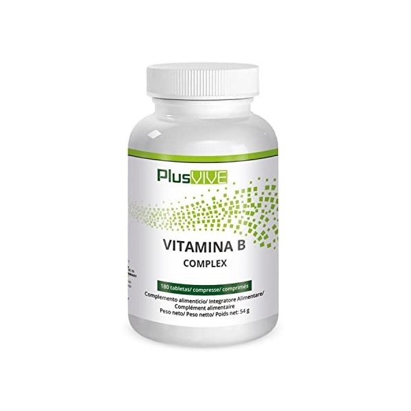 Plusvive - Lot de 180 tablettes de complexe de vitamines B, à forte efficacité, enrichies en acide folique et contenant toute