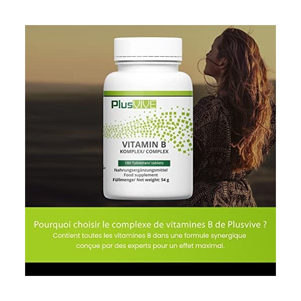 Plusvive - Lot de 180 tablettes de complexe de vitamines B, à forte efficacité, enrichies en acide folique et contenant toute