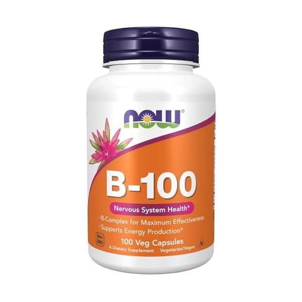 Now Foods, B-100, Vitamine B-Complex, Hautement Dosé, avec PABA, 100 Capsules végétaliennes, Testé en Laboratoire, Sans Glute