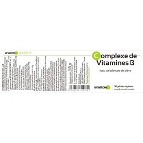 COMPLEXE DE VITAMINES B * 200 mg / 30 gélules * Vitamines B1, B2, B3, B5, B6, B8, B9 et B12 Issu de la levure de bière