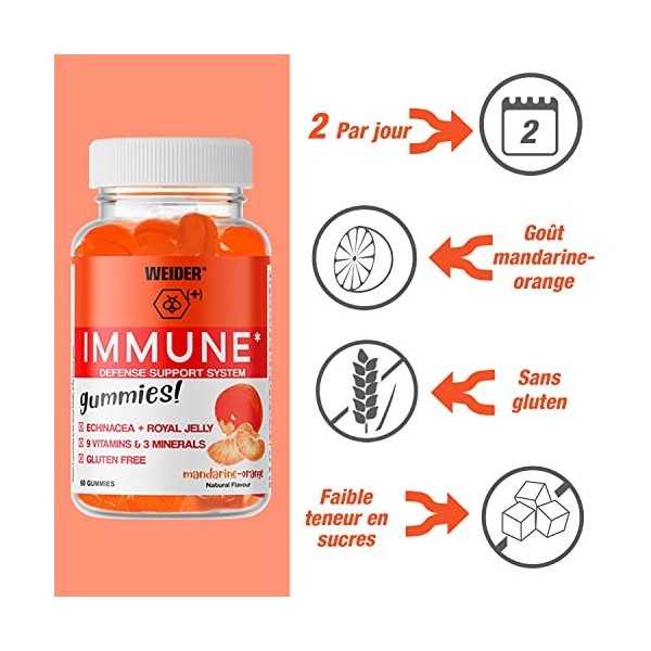 Weider Immune Gummies – 9 vitamines A, D, E, B6, B5, B12, acide folique et biotine pour le système immunitaire avec extrait