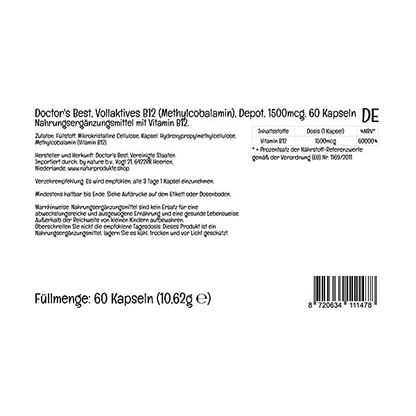 Doctors Best, Fully Active B12 B12 Entièrement Active , 1.500mcg, Dépôt de 3 Jours, 60 Capsules végétaliennes, Testé en Lab