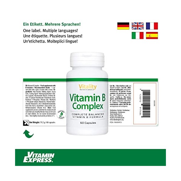 Vitamine B Complex, Toutes les Vitamines B: B1, B2, B3, B5, B6, B7, B9, B12 avec QUATREFOLIC Acide Folique Hautement Biodisp