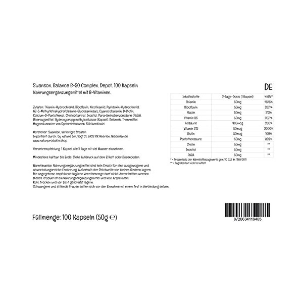 Swanson, Balance B-50 Complex, Vitamine B-Complex, Dépôt, Tous les 2 Jours 1 Capsule, 100 Capsules, Haute Dosé, Testé en Labo