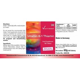 Vitamine B1 100mg – Thiamine - ! POUR 6 MOIS ! - 180 comprimés – Hautement dosé – Soutient le métabolisme énergétique et le s