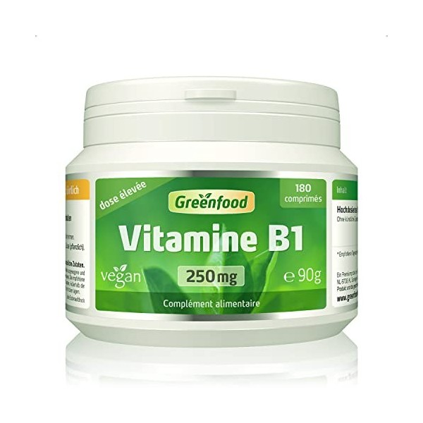 Greenfood Vitamine B1, 250 mg, dose élevée, 180 comprimés - pour des fonctions psychologiques normales, un métabolisme énergé