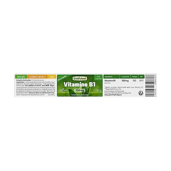 Greenfood Vitamine B1, 250 mg, dose élevée, 180 comprimés - pour des fonctions psychologiques normales, un métabolisme énergé