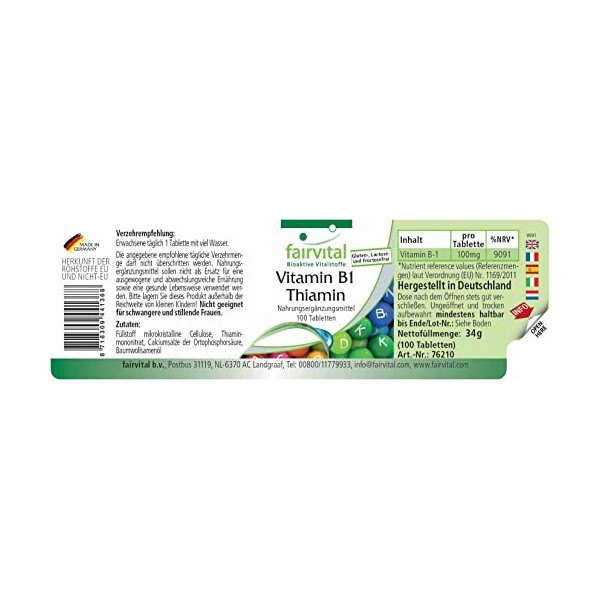 Fairvital | Vitamine B1 100mg - Thiamine - VEGAN - Dose élevée - 100 comprimés - Qualité allemande