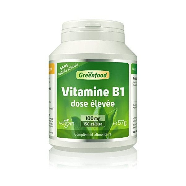 Greenfood Vitamine B1, 100 mg, dose élevée, 150 gélules - pour un métabolisme énergétique normal-Sans additifs artificiels. S