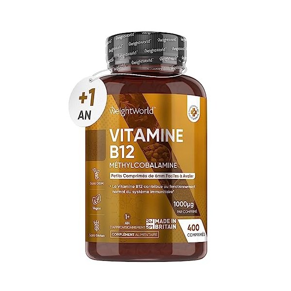 Vitamine B12 Vegan 1000 mcg, 400 Comprimés + 1 An - B12 Méthylcobalamine Biodisponible - Pour lÉnergie, lImmunité et la F