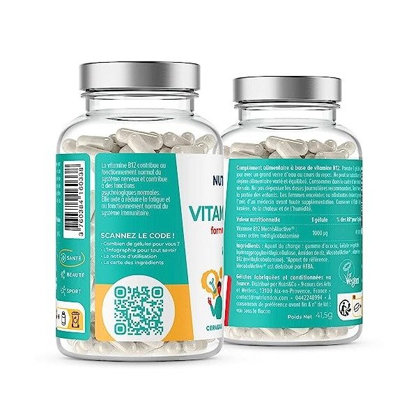 Vitamine B12 Vegan 1000 mcg - Méthylcobalamine Brevetée Pure et Biodisponible - Haute Absorption - Fatigue Energie Immunité -