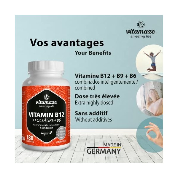 Vitamine B12 1000 mcg avec Acide Folique 375 mcg + Vitamine B6 - Méthylcobalamine 180 Comprimés Vegan - Utilisation Sublingua