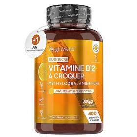 Vitamine B12 Méthylcobalamine 1000 mcg - 400 Comprimés À Croquer Plus d1 An - Vit B12 Vegan, Sans Sucre, Arôme Naturel de 