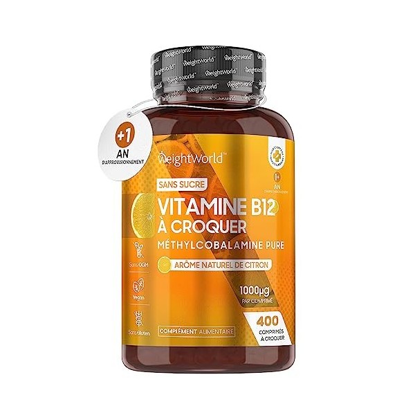 Vitamine B12 Méthylcobalamine 1000 mcg - 400 Comprimés À Croquer Plus d1 An - Vit B12 Vegan, Sans Sucre, Arôme Naturel de 