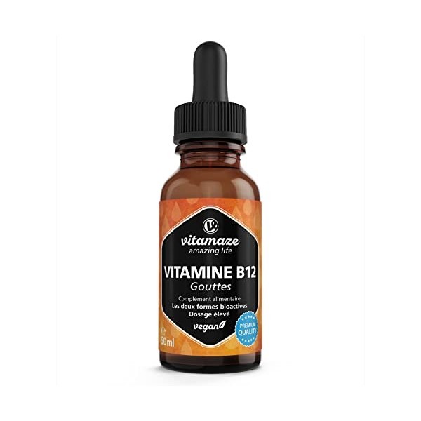 Vitamine B12 Gouttes 500 mcg - Vegan -50 ml Haute Dose et Absortion - Methylcobalamin & Adenosylcobalamin - Aide à Maintenir 