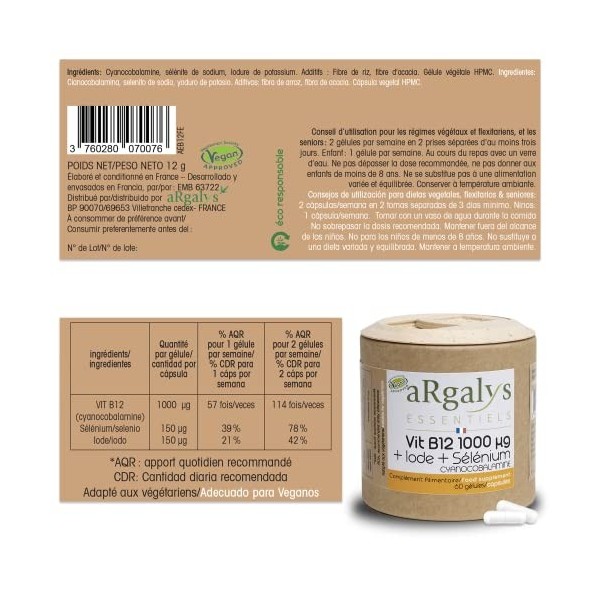 Vitamine B12 Vegan 1000 µg | Cure de 7 mois | + Iode et Sélénium | Cyanocobalamine | Recyclable | 60 gélules fabriquées en Fr
