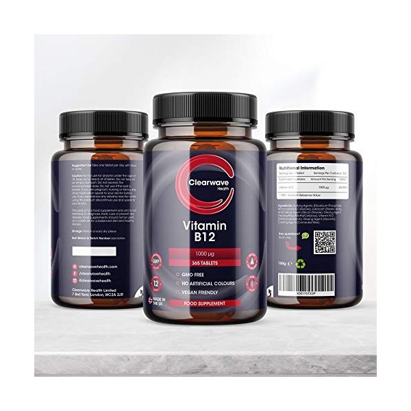 Vitamine B12 High Strength 1000mcg - 365 Comprimés approvisionnement dun an , Comprimés B12 Végétaliens, Méthylcobalamine