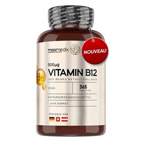Vitamine B12 Méthylcobalamine Vegan 500 µg, 365 Comprimés Biodisponibles - Réduire la Fatigue Et Contribue au Bon Fonctionnem