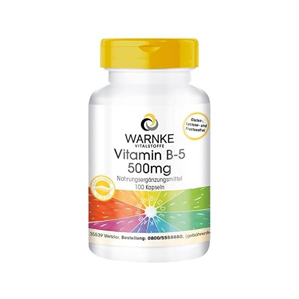 Vitamine B5 500 mg - 100 gélules dacide pantothénique, fortement dosé, végétalien | Warnke Vitalstoffe