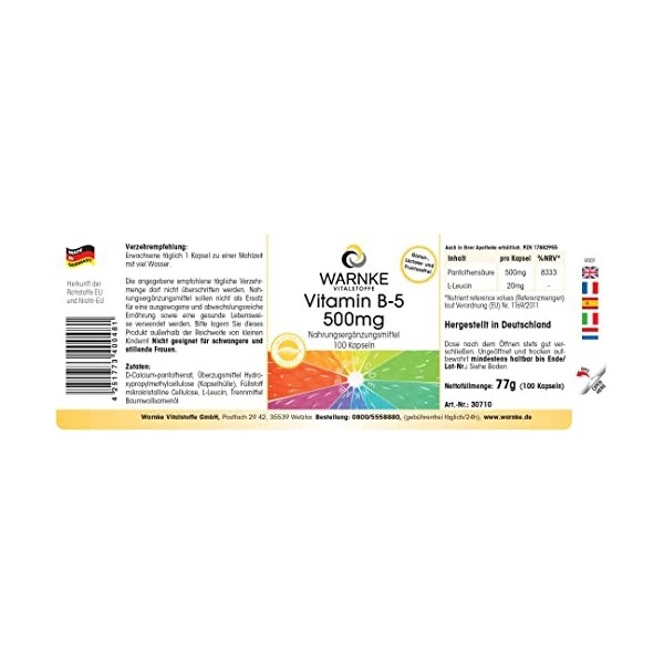 Vitamine B5 500 mg - 100 gélules dacide pantothénique, fortement dosé, végétalien | Warnke Vitalstoffe