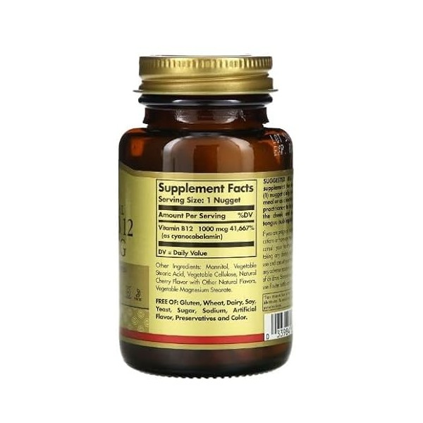Solgar Vitamine B12, 1000mcg, Dépôt, 250 Veg. Nuggets - Boost dénergie et soutien du système nerveux