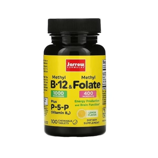 Jarrow Formulas, Méthyl B12, 1.000mcg/Méthyl Folate 400mcg, Dépôt à 2 Jours, Goût Citron, 100 Comprimés végétaliens, Testé en