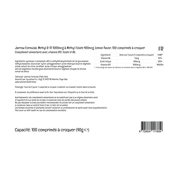 Jarrow Formulas, Méthyl B12, 1.000mcg/Méthyl Folate 400mcg, Dépôt à 2 Jours, Goût Citron, 100 Comprimés végétaliens, Testé en