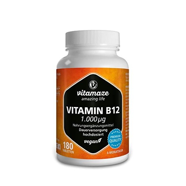 Vitamaze® Vitamine B12 1000 mcg avec Méthylcobalamine à Fort Dosage, 180 Comprimés Vegan 6 Mois dapprovisionnement, Utilisat