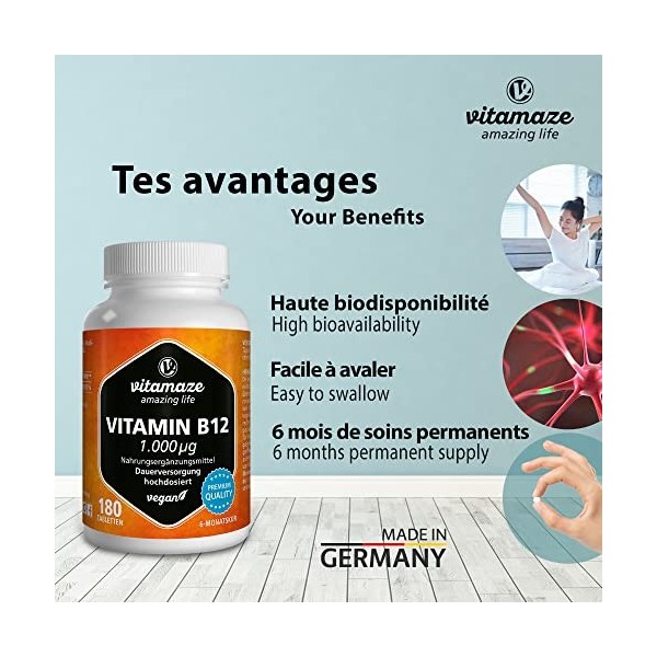 Vitamaze® Vitamine B12 1000 mcg avec Méthylcobalamine à Fort Dosage, 180 Comprimés Vegan 6 Mois dapprovisionnement, Utilisat