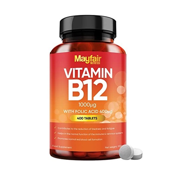 Vitamine B12 avec Acide Folique | Comprimés Premium 1000mg | Complément Végétarien et Vegan | Sans OGM & Sans Gluten | 6 Mois