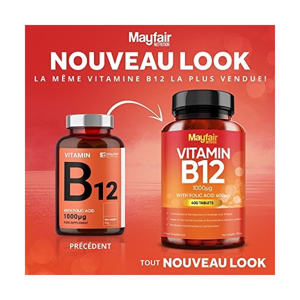 Vitamine B12 avec Acide Folique | Comprimés Premium 1000mg | Complément Végétarien et Vegan | Sans OGM & Sans Gluten | 6 Mois