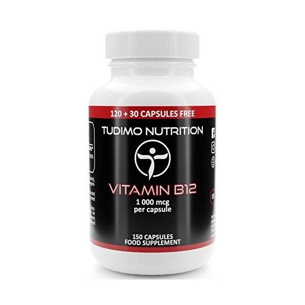 Vitamine B12 Vegan 1000mcg - 150 Capsules 5 mois à Désintégration Rapide, Chacune avec 1000 mcg Vit B12 Cyanocobalamine Vég