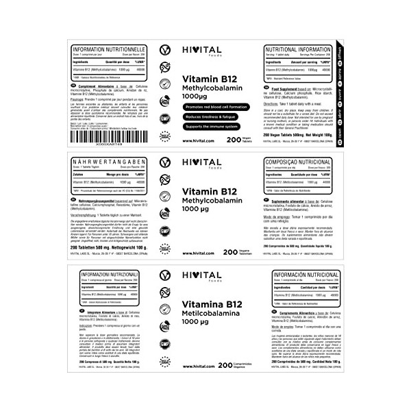 Vitamine B12 Méthylcobalamine 1000 mcg | 200 comprimés végétaliens plus de 6 mois de traitement | Contribue à la formation 