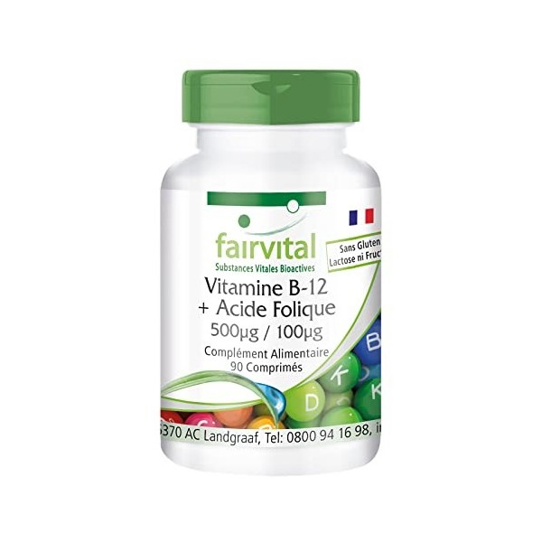 Fairvital | Vitamine B12 + Acide folique - Méthylcobalamine sublinguale 500µg + Vitamine B9 100µg - VEGAN - 90 comprimés - Qu