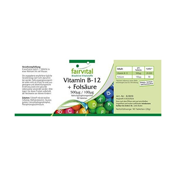 Fairvital | Vitamine B12 + Acide folique - Méthylcobalamine sublinguale 500µg + Vitamine B9 100µg - VEGAN - 90 comprimés - Qu