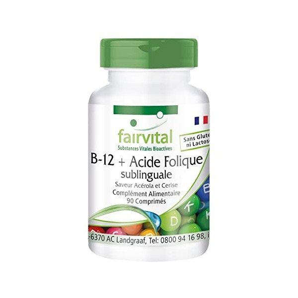 Fairvital | B-12 comprimés avec acide folique sublingual - avec 500μg de vitamine B12, 100μg dacide folique et de vitamine C