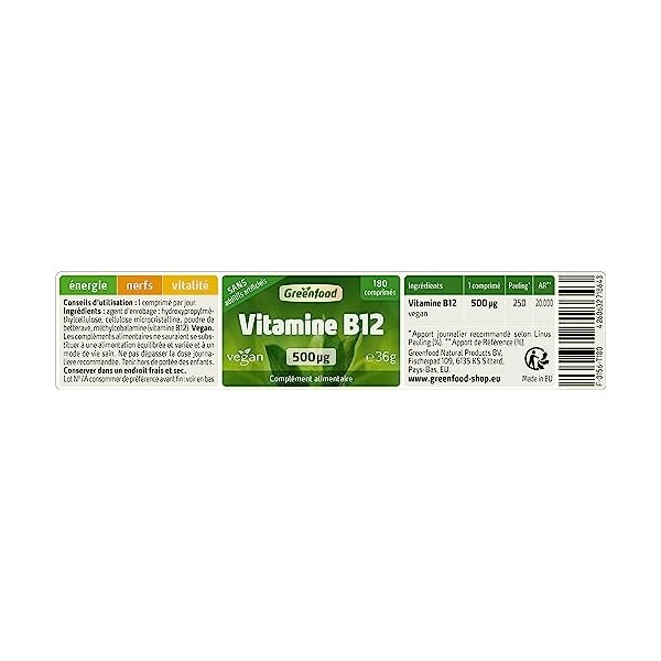 Greenfood Vitamine B12 méthylcobalamine , 500 mg, dose élevée, 180 comprimés, vegan - pour un métabolisme énergétique normal
