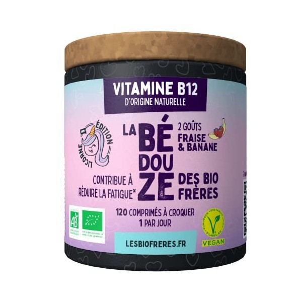 Vitamine B12 – 3 formes : Methyl, Hydroxy et Adenosyl cobalamine – 120 comprimés à croquer – Goût Fraise/Banane – Cure de 4 m