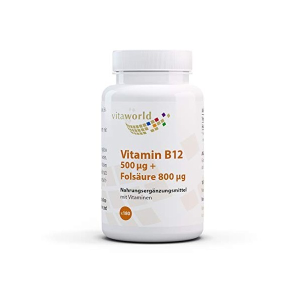 Vita World Vitamine B12 500 µg + Acide Folique 800 µg 180 Comprimés Vegan/Végétarien Made in Germany