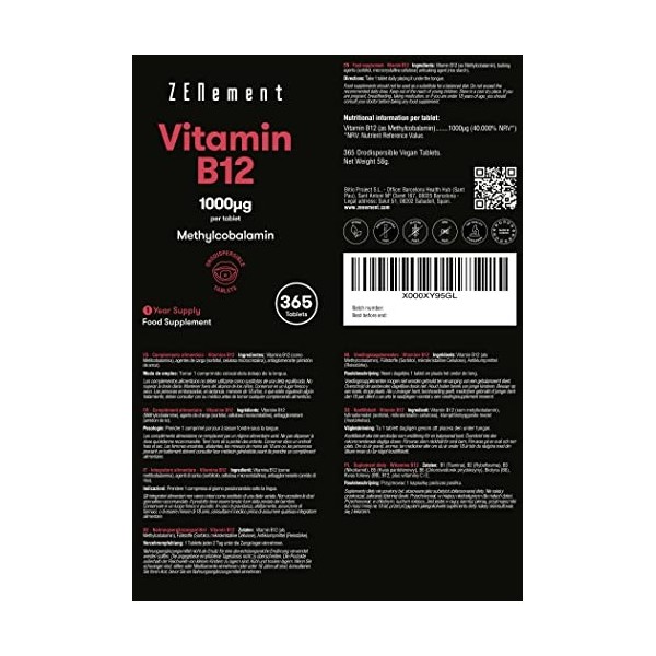 Vitamine B12, Méthylcobalamine 1000 µg, 365 Comprimés Végétales | Sulblingual · Chewable | Pour un bon fonctionnement des Sys