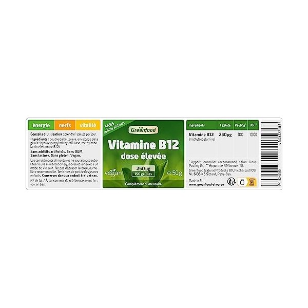 Greenfood Vitamine B12 méthylcobalamine , 250 μg, dose élevée, 150 gélules - pour plus d’énergie. SANS additifs artificiels.