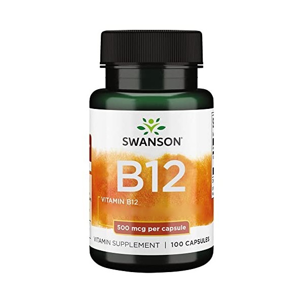 Swanson, Vitamine B12, Cyanocobalamine, 500mcg, 100 Capsules, Hautement Dosé, Testé en Laboratoire, Sans Soja, Sans Gluten, S